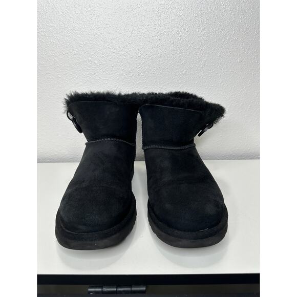 UGG Black Suede Furry Mini Bailey Button Ankle Boot 6 - Picture 3 of 15